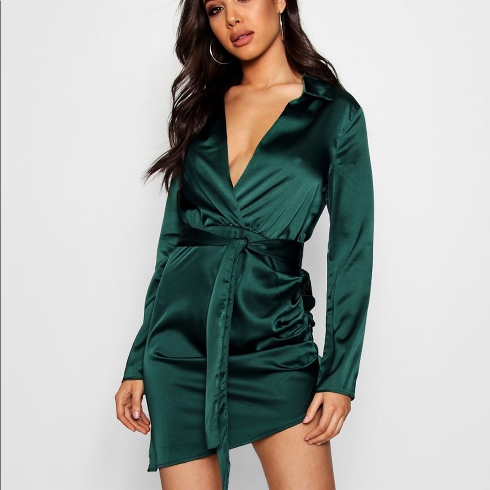 Green satin wrap dress